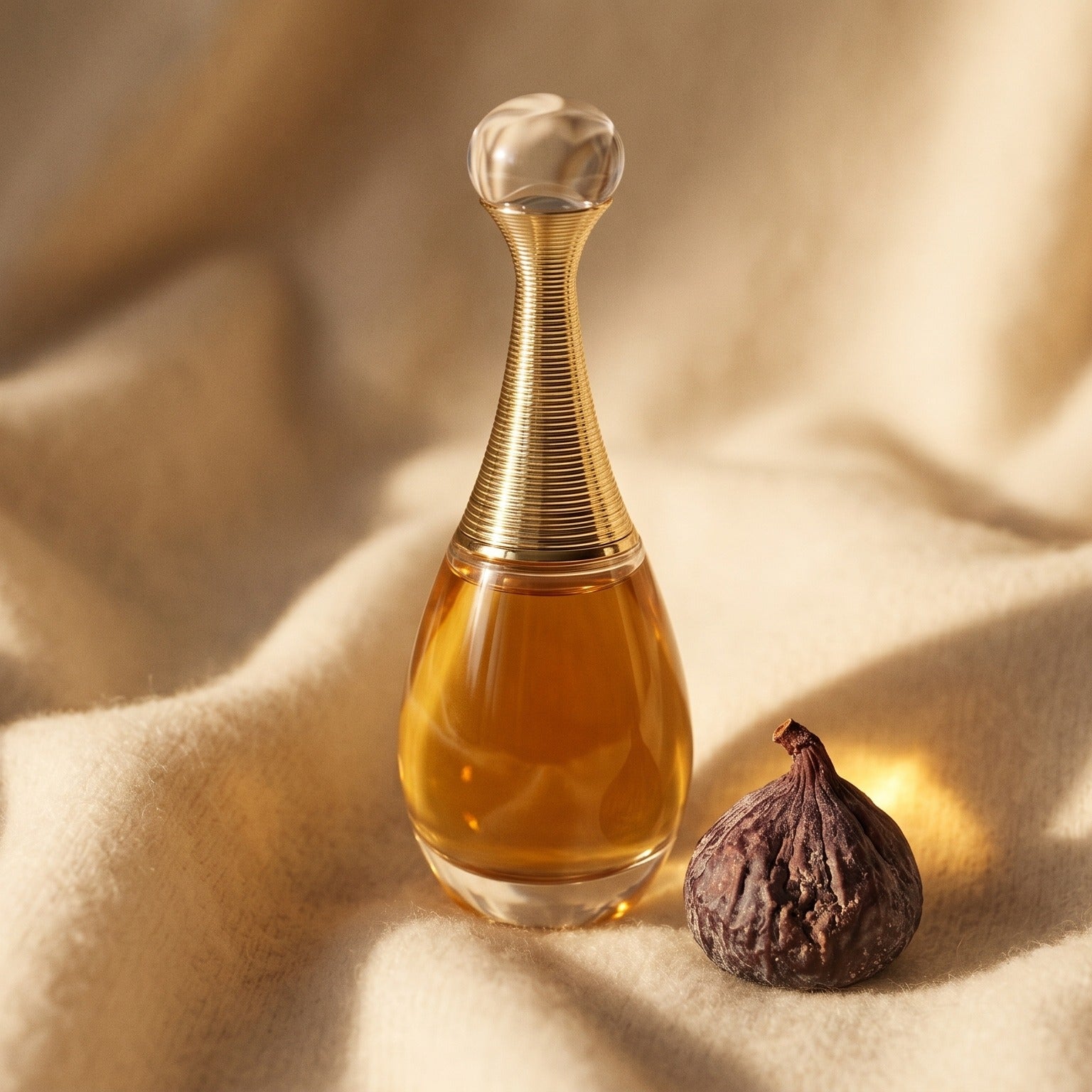 Dior J’adore on oatmeal wool with a scatter of candied chestnuts