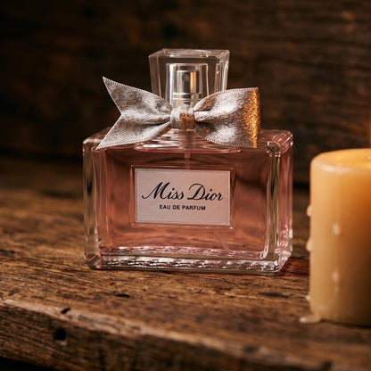 Dior Miss Dior on aged maple with a slender candlestick and drifting smoke