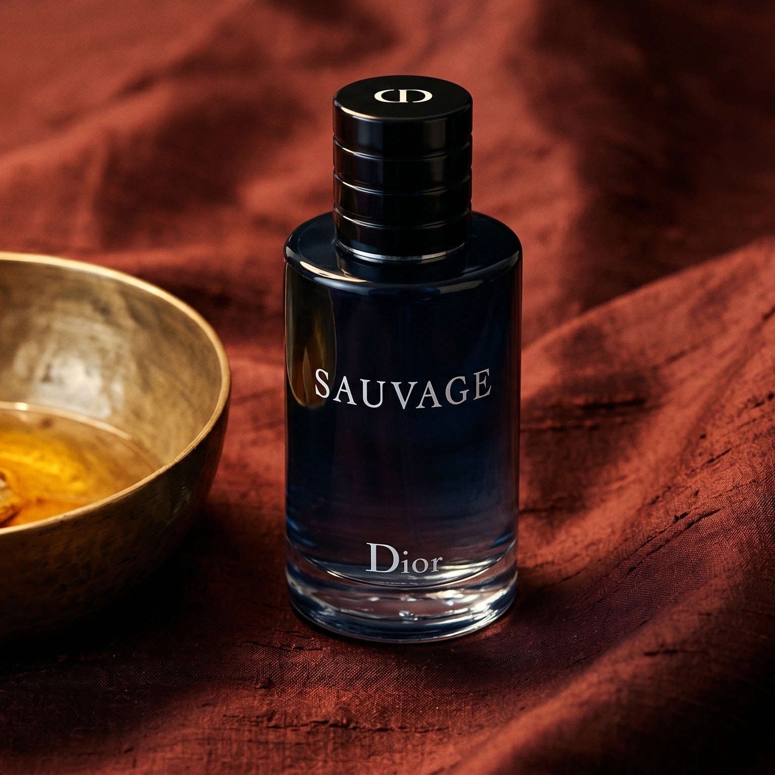 Dior Sauvage on raw silk of oxblood color with a brass bowl of ambergris tincture