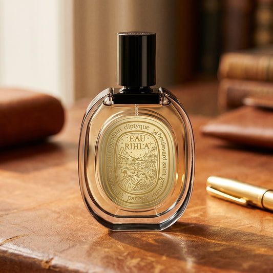 Diptyque Eau Rihla EDP on chestnut saddle-leather seat with a pair of leather gloves nearby