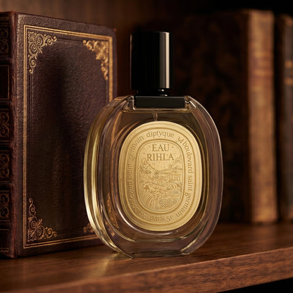 Diptyque Eau Rihla EDP on aged oak shelf with a stack of saddle-bound travel journals