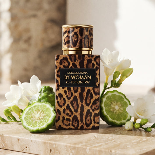 Dolce & Gabbana By Woman Re-Edition EDP on warm sand coloured travertine with bergamot and freesia