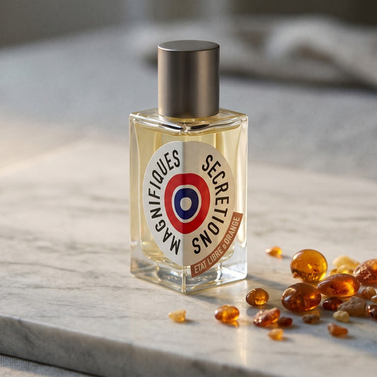 Etat Libre Secretions Magnifiques EDP on pale sandstone with golden amber shards catching the light