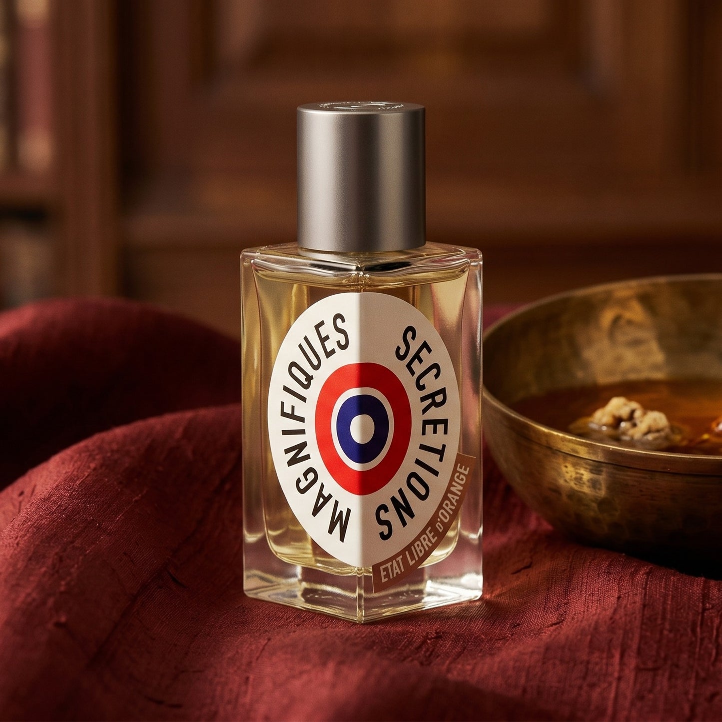 Etat Libre Secretions Magnifiques EDP on deep caramel velvet with a small copper jar of resin balm