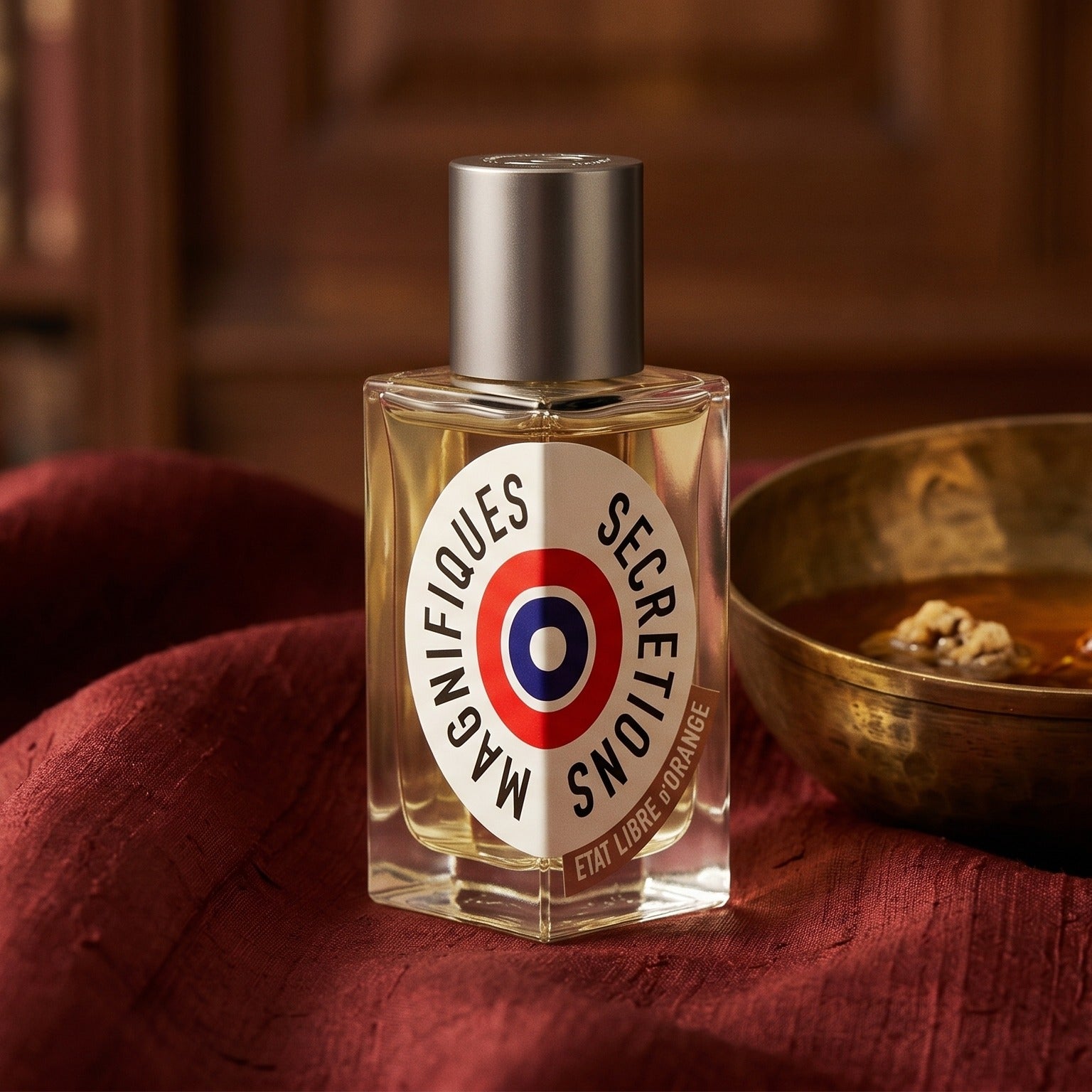 Etat Libre Secretions Magnifiques EDP on deep caramel velvet with a small copper jar of resin balm
