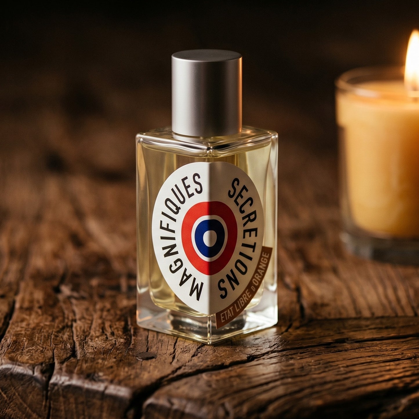 Etat Libre Secretions Magnifiques EDP on dark cherrywood with a tall beeswax taper casting warm light