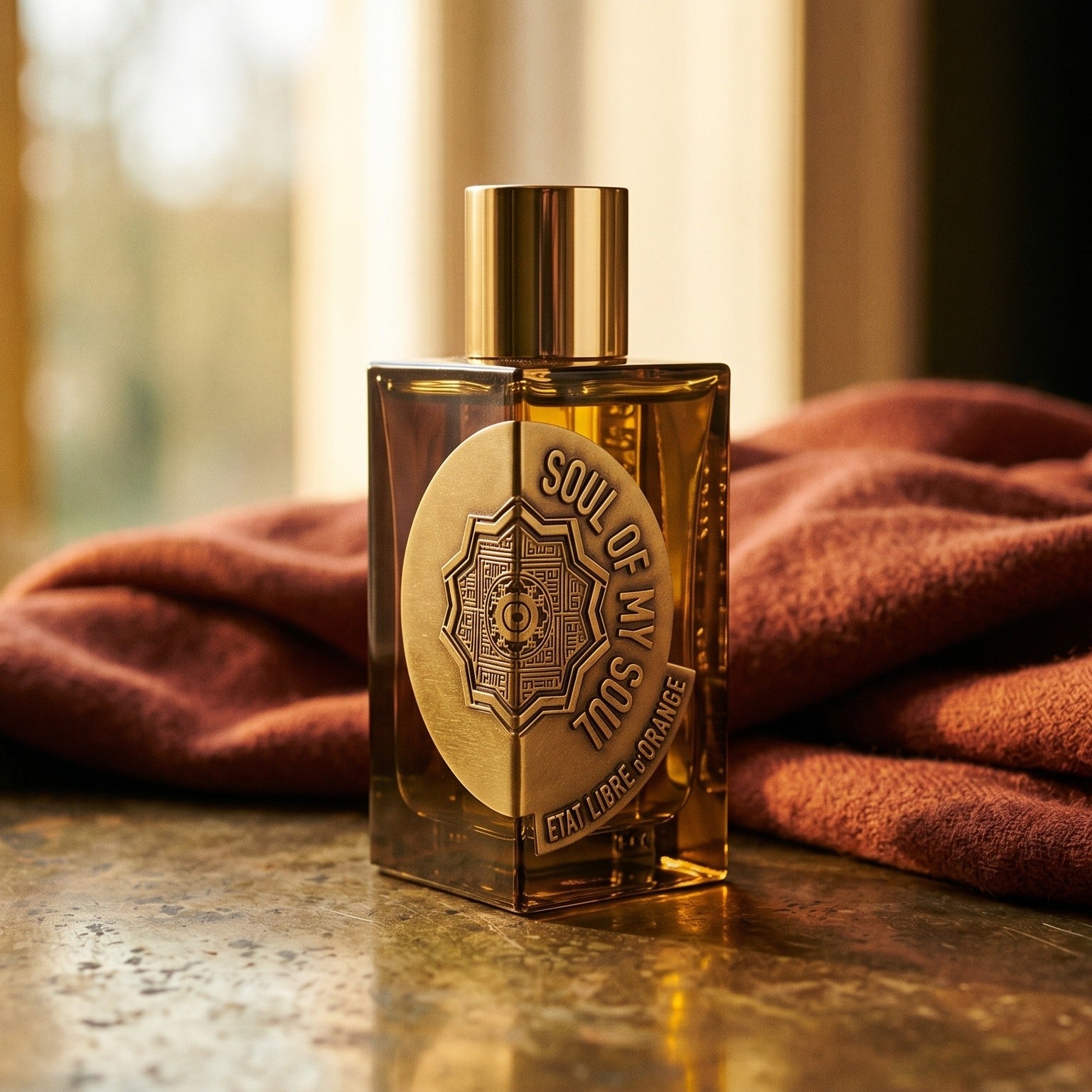 Etat Libre Soul of My Soul on aged brass tray with a folded pashmina in rust tone