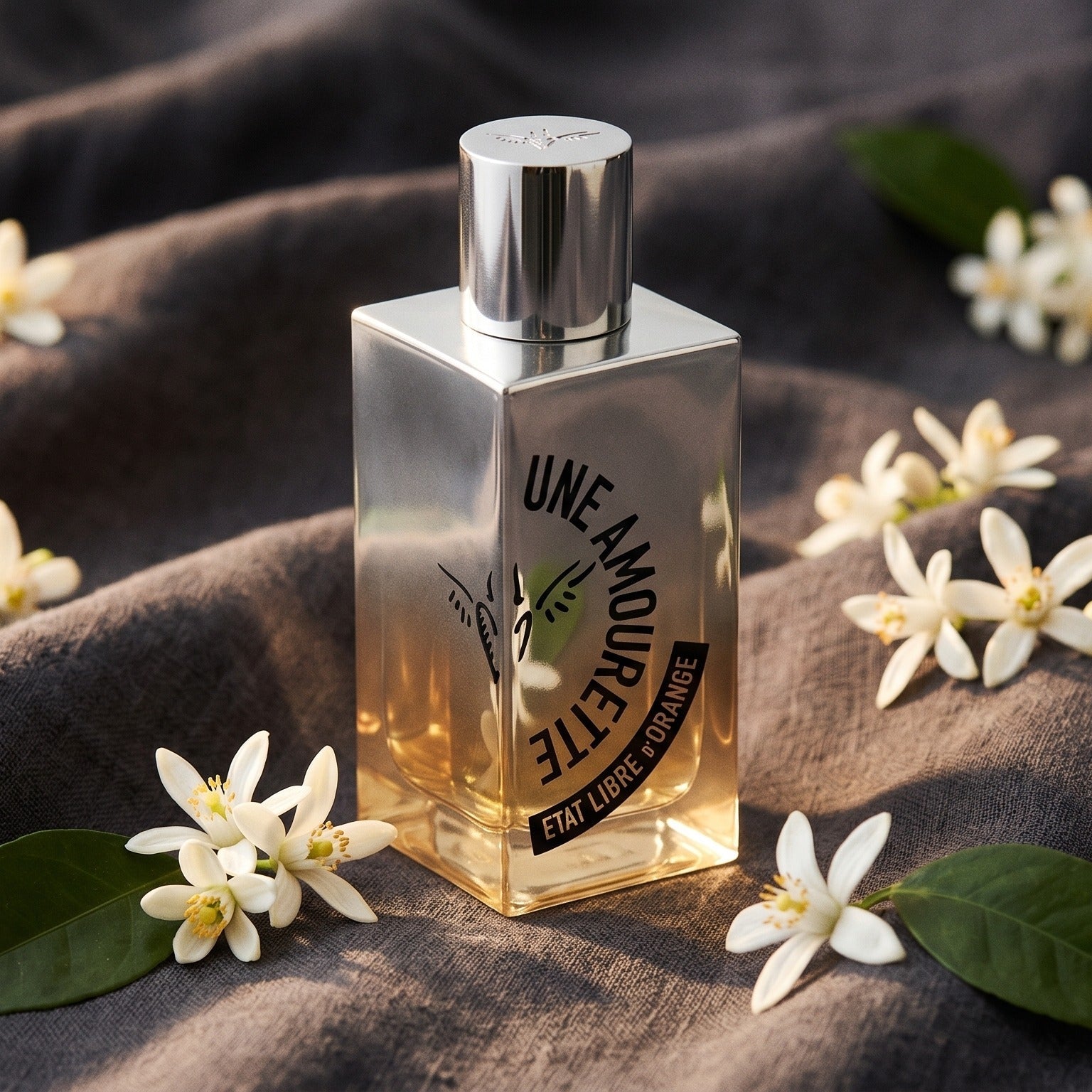 Etat Libre Une Amourette EDP on charcoal linen with neroli blossoms