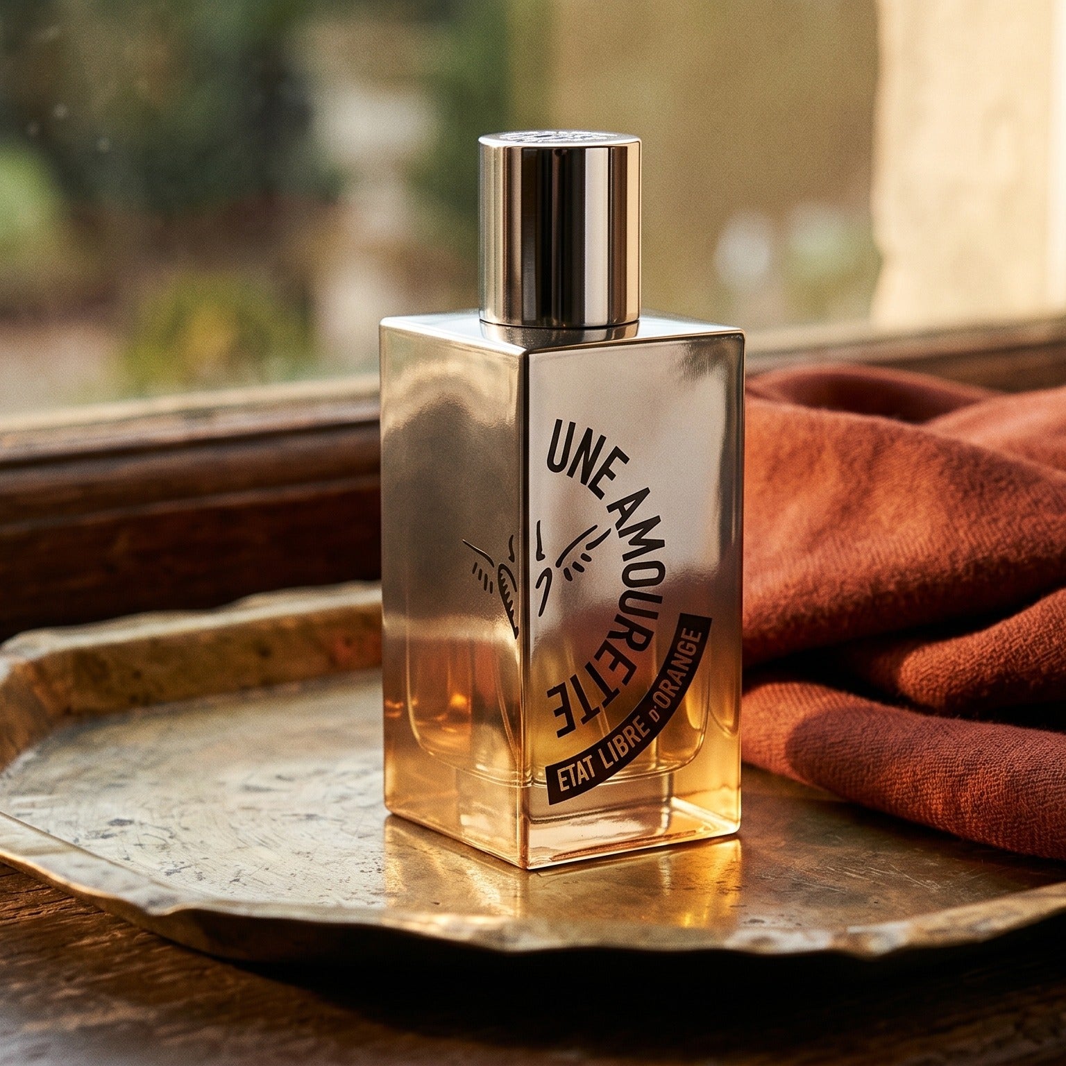 Etat Libre Une Amourette EDP on brass-edged surface with a silk-wool wrap in burnt sienna