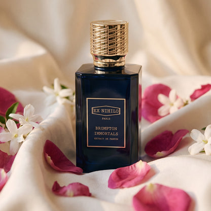 Ex Nihilo Brompton Immortals Extrait de Parfum on pale cream silk with rose petals and jasmine