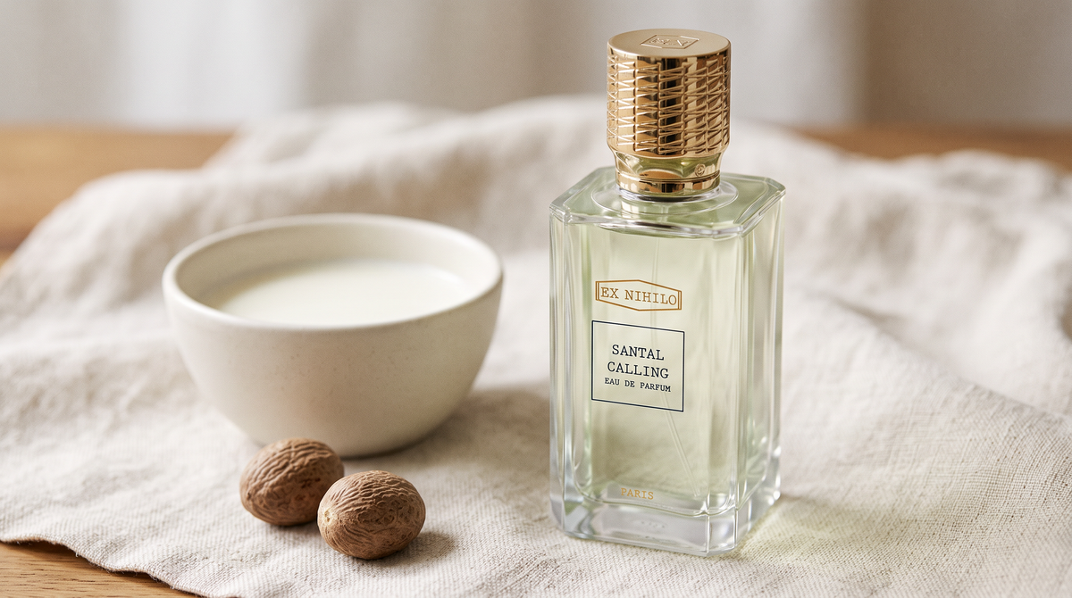 Ex Nihilo Santal Calling EDP on cream linen with a bowl of milk and whole nutmeg