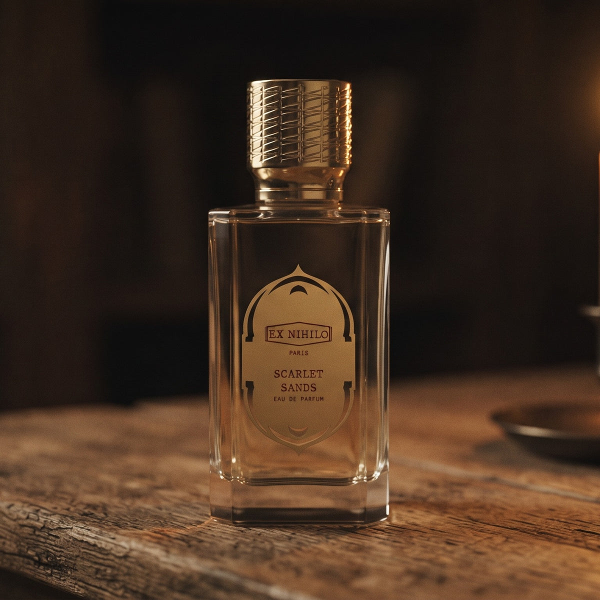 Ex Nihilo Scarlet Sands EDP - Dubai Exclusive on aged teak with a candle burning gently to frame-right