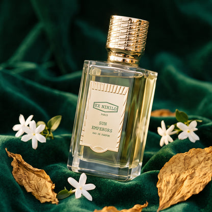 Ex Nihilo Sun Emperors EDP - Doha Exclusive on deep emerald green velvet with jasmine flowers and dried tobacco leaves