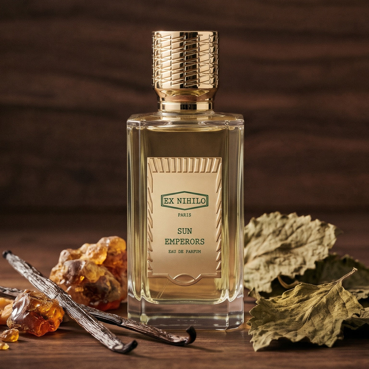 Ex Nihilo Sun Emperors EDP - Doha Exclusive on dark walnut wood with vanilla pods, benzoin resin and patchouli leaves