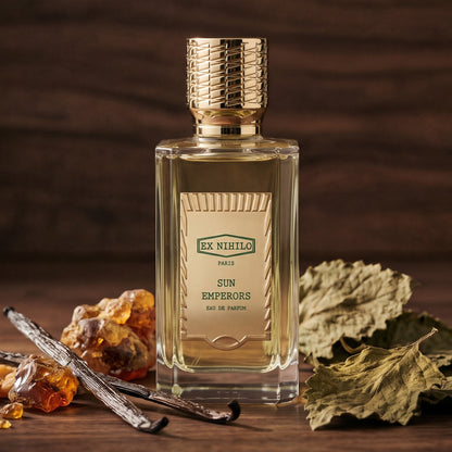 Ex Nihilo Sun Emperors EDP - Doha Exclusive on dark walnut wood with vanilla pods, benzoin resin and patchouli leaves
