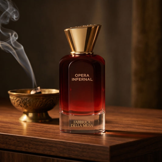 Fabbrica Della Musa Opera Infernal Extrait de Parfum on dark walnut console with a small brass incense bowl, smoke curling…