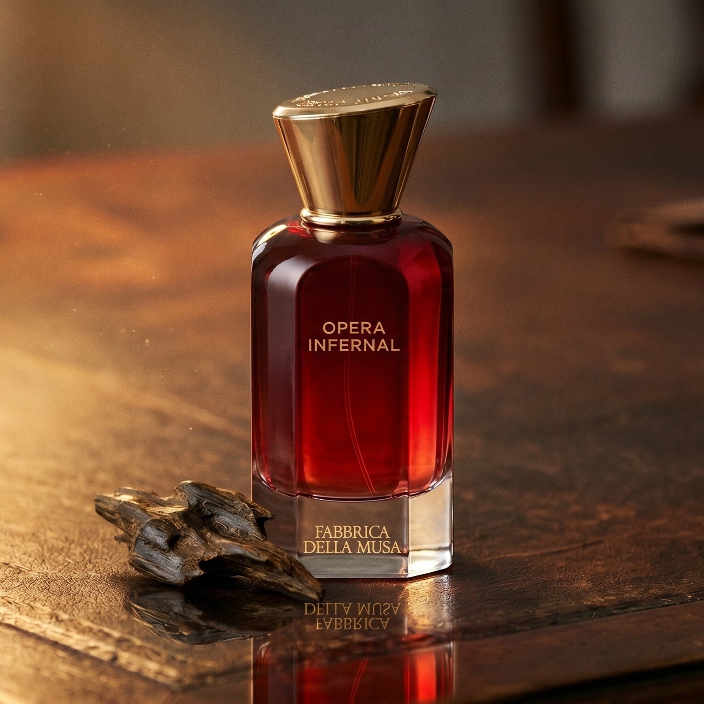 Fabbrica Della Musa Opera Infernal Extrait de Parfum on worn saddle-leather surface with oud resin chunks in a small dish