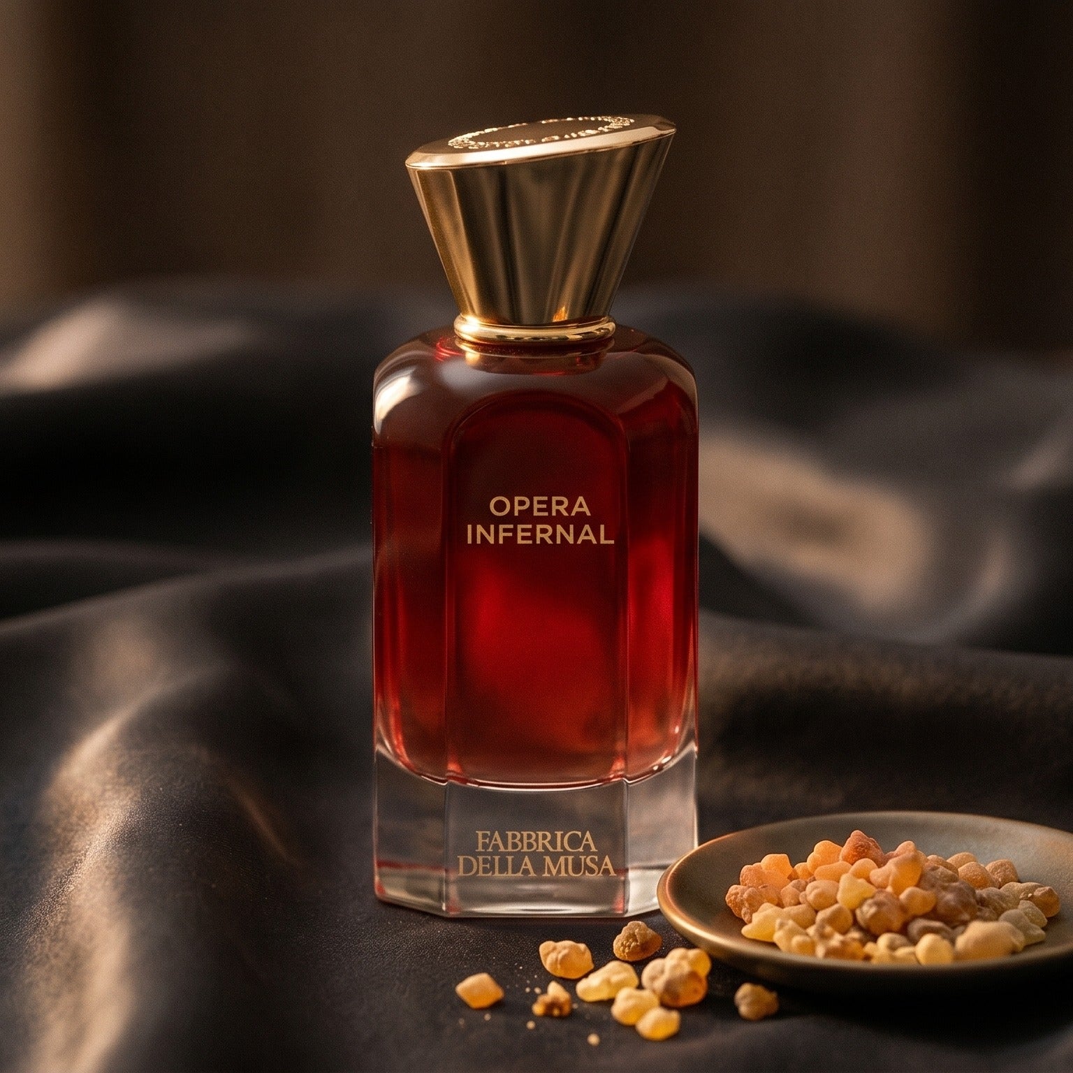 Fabbrica Della Musa Opera Infernal Extrait de Parfum on onyx linen with dried rose petals and resin drops intermixed