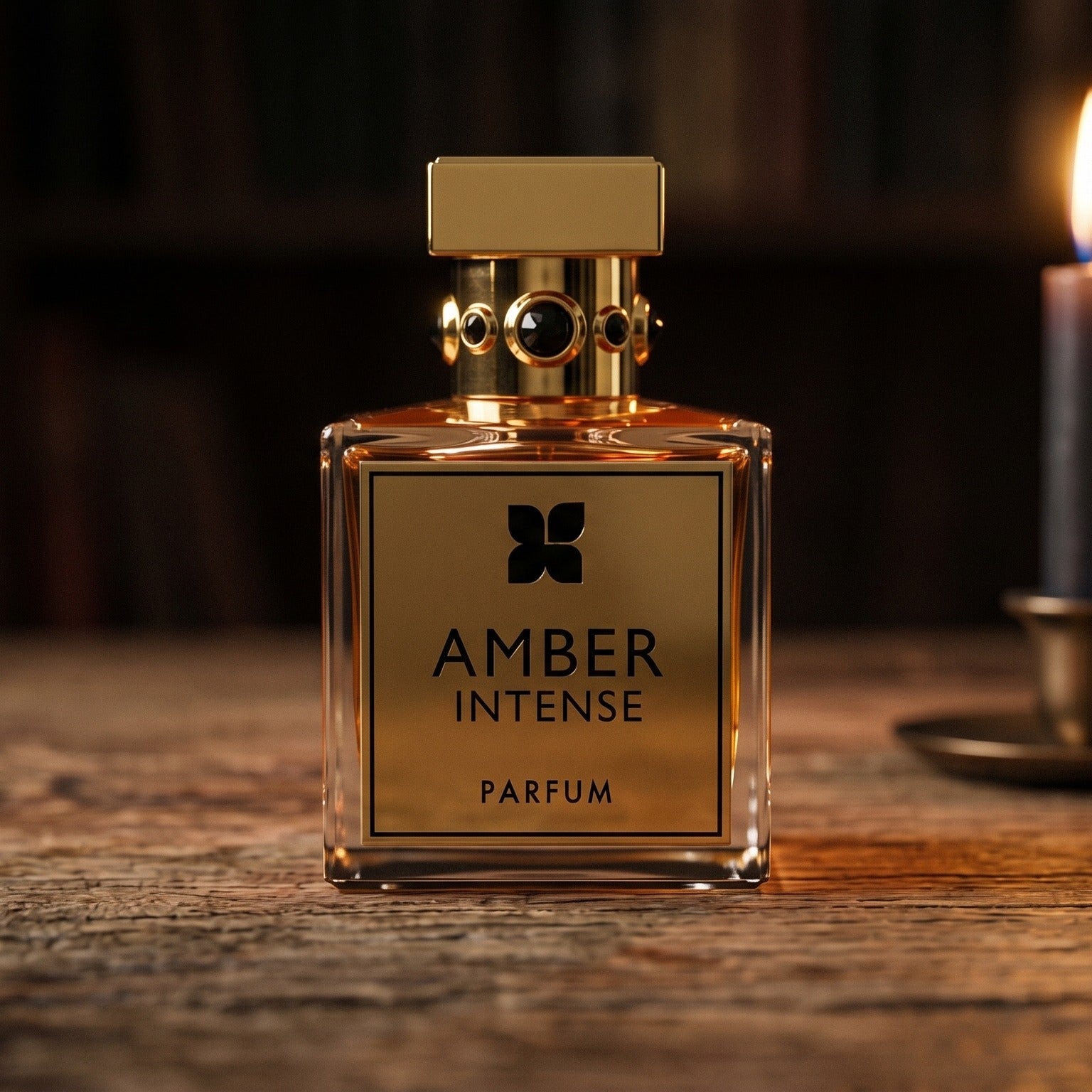 Fragrance du Bois Amber Intense EDP on reclaimed oak surface with a glass hurricane lamp softly glowing