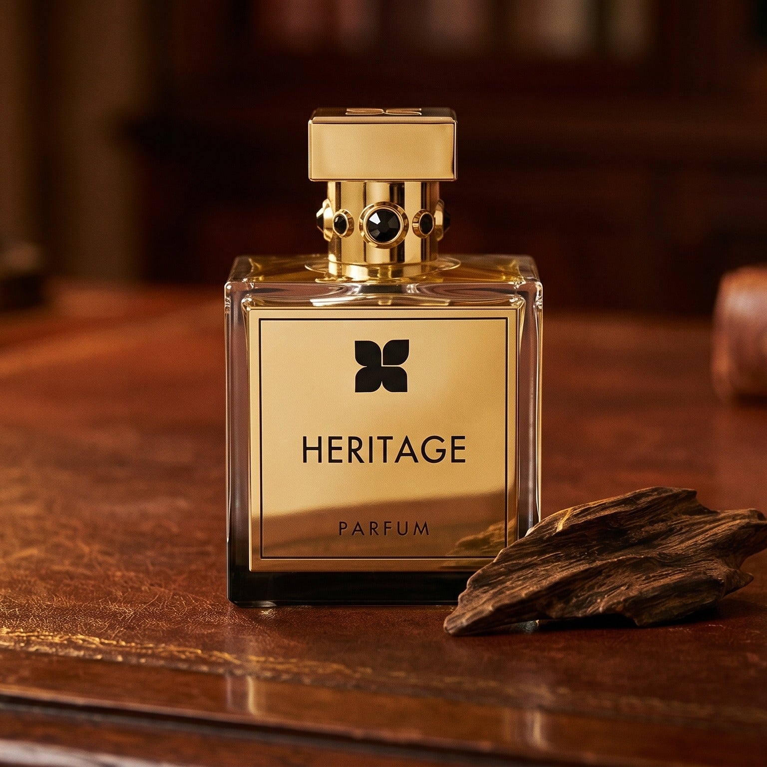 Fragrance du Bois Heritage Parfume on dark tan leather desk with a brass lamp casting a warm pool of light