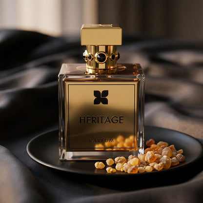 Fragrance du Bois Heritage Parfume on charcoal raw silk with amber resin pieces near the bottle base