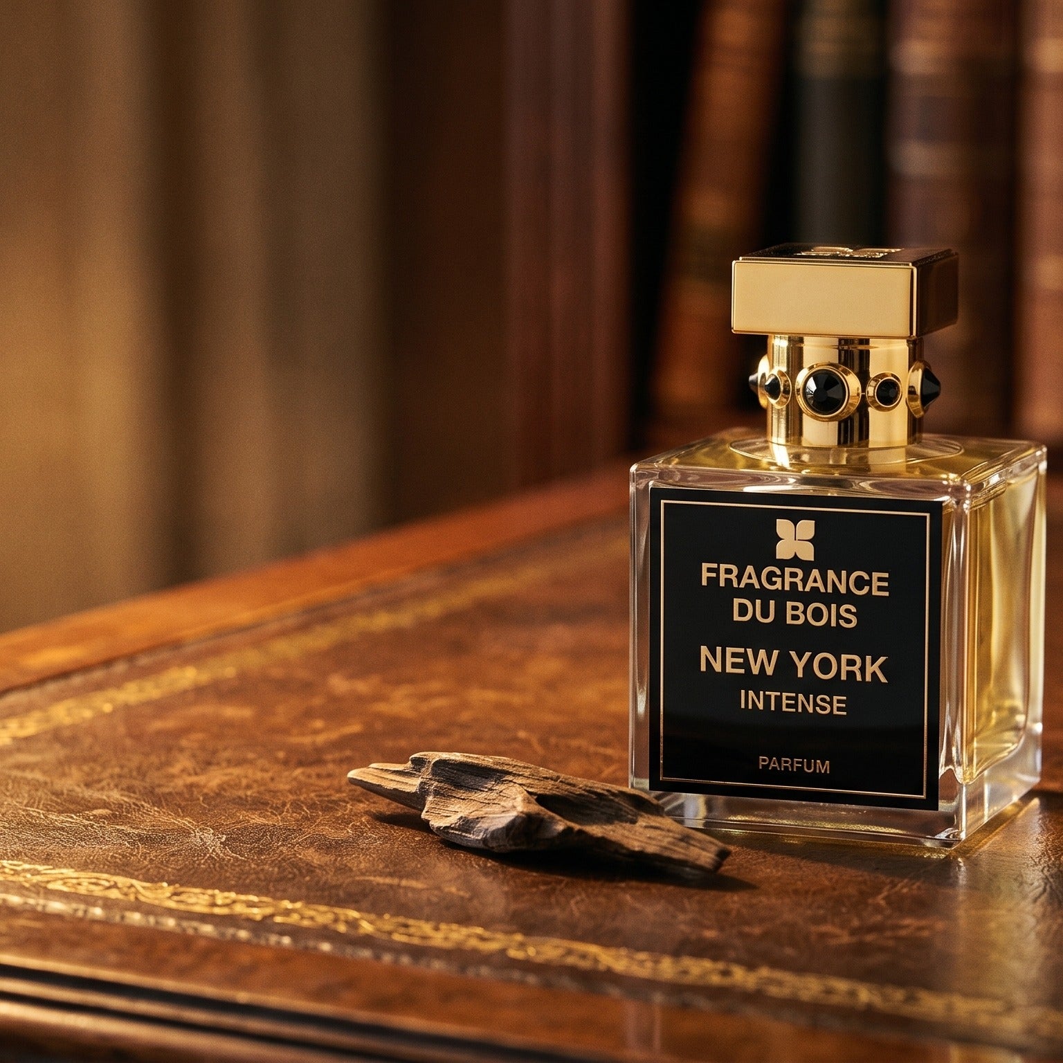Fragrance du Bois NY Intense on dark tan leather desk with a brass lamp casting a warm pool of light