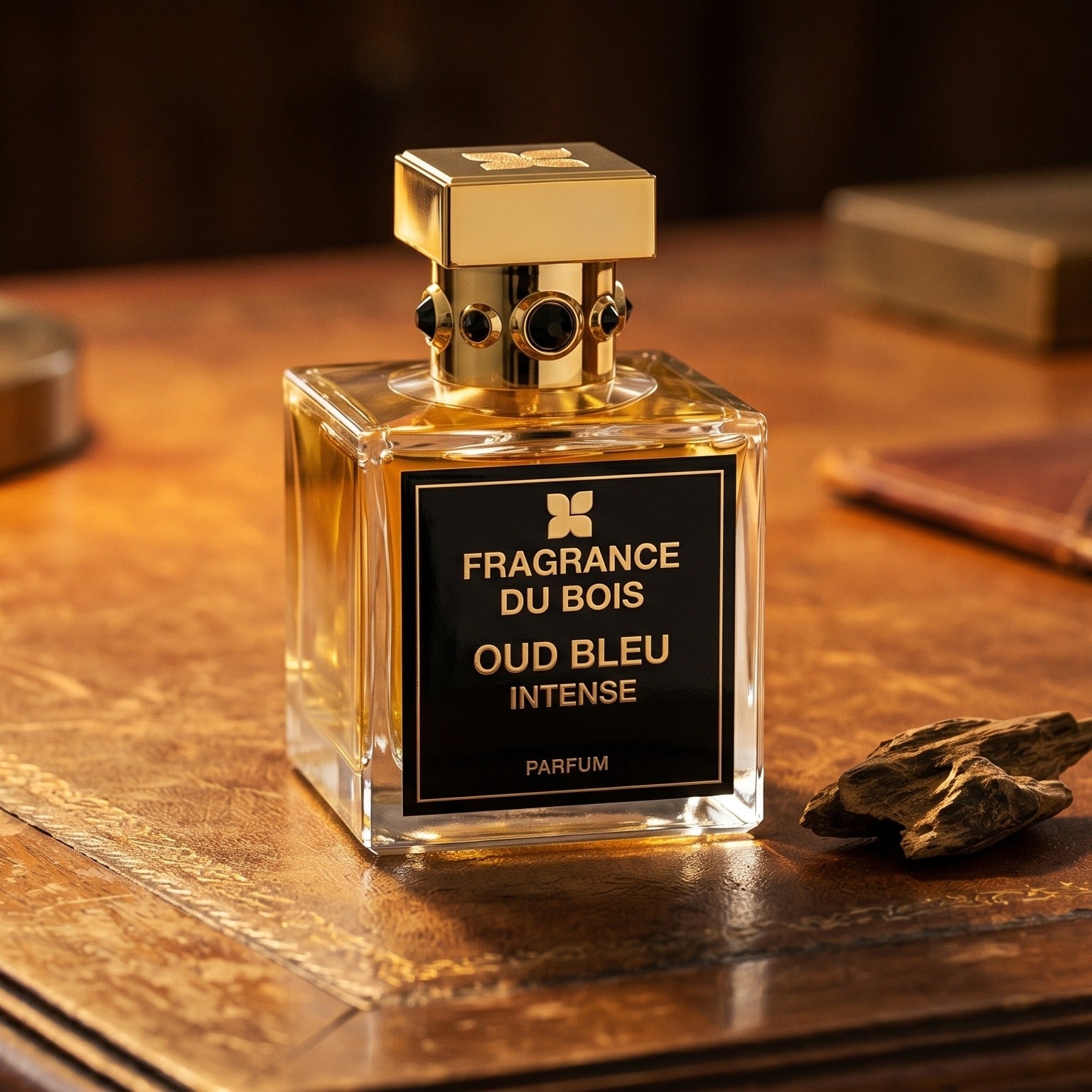 Fragrance du Bois Oud Bleu Intense on cognac leather bench with a curled strip of birch bark nearby