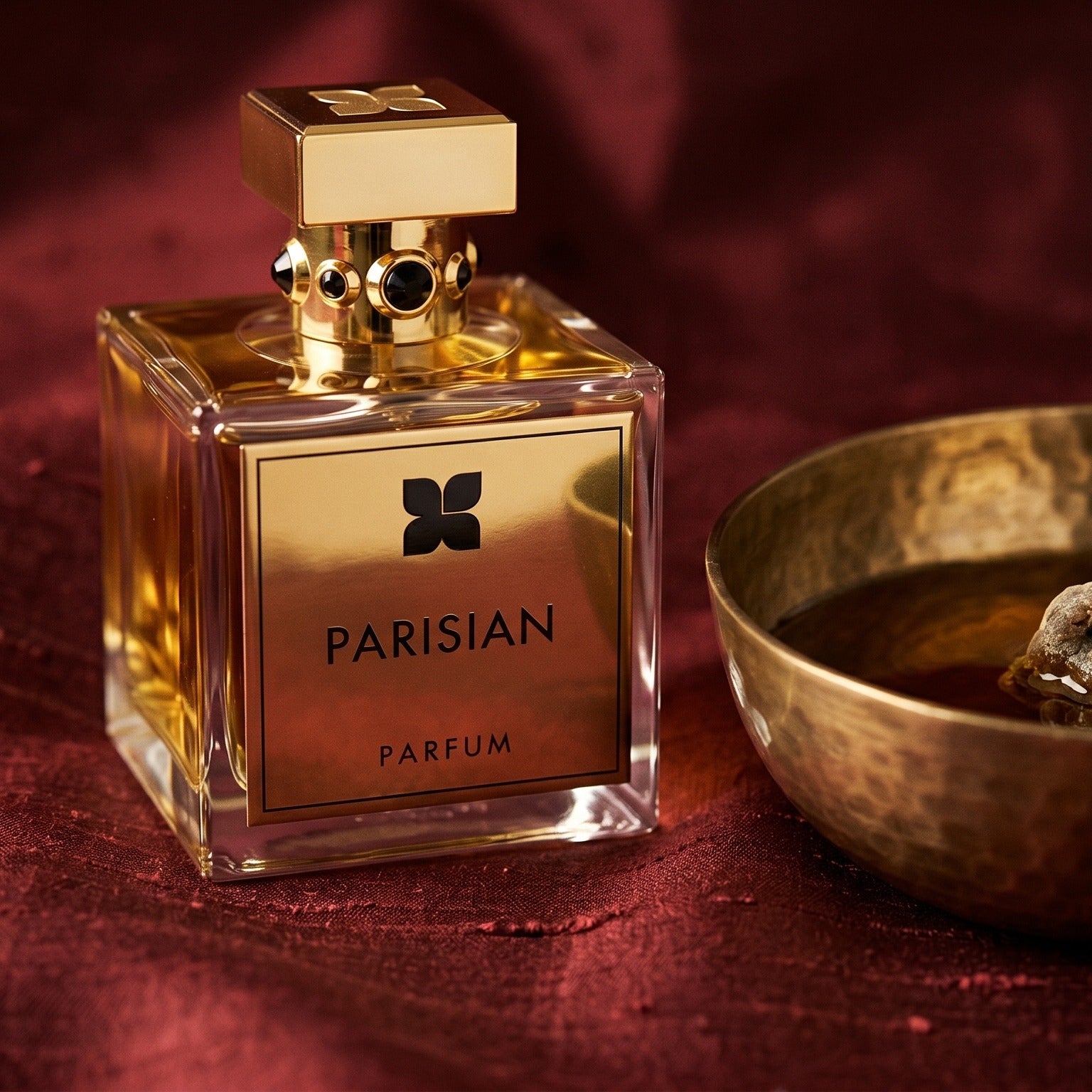 Fragrance du Bois Parisian Parfum EDP on raw silk of oxblood color with a brass bowl of ambergris tincture