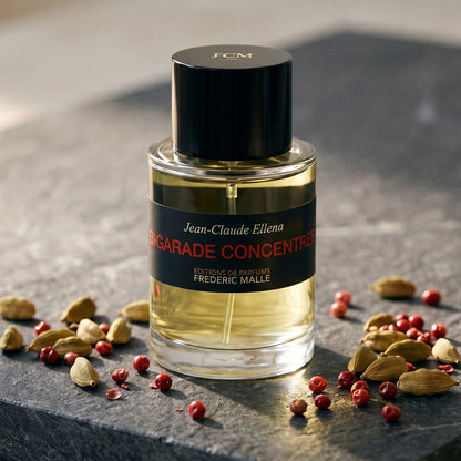 Frederic Malle Bigarade Concentree EDT on charcoal-toned marble with ground turmeric in a brass spoon