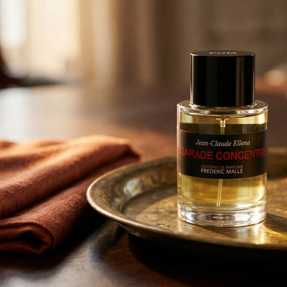 Frederic Malle Bigarade Concentree EDT on antique copper salver with a rolled cashmere shawl in ochre