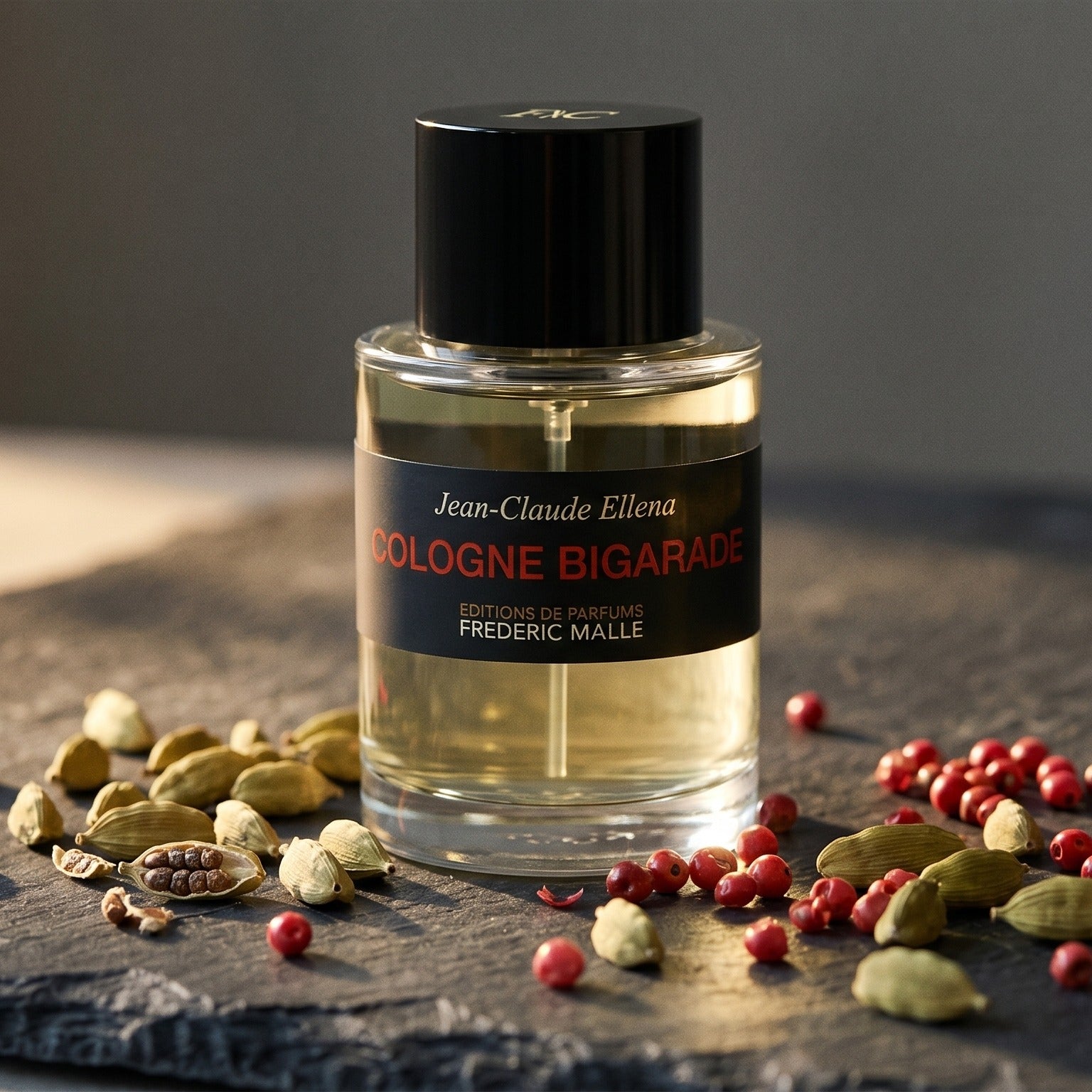 Frederic Malle Cologne Bigarade EDC on slate surface with a handful of dried chili threads near the bottle