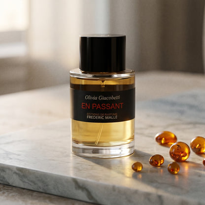 Frederic Malle En Passant EDP on warm ivory travertine with labdanum chunks clustered by the base