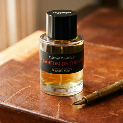 Frederic Malle Le Parfum De Therese EDP on chestnut saddle-leather seat with a pair of leather gloves nearby