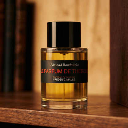 Frederic Malle Le Parfum De Therese EDP on ebony library table with a folded leather portfolio beneath it