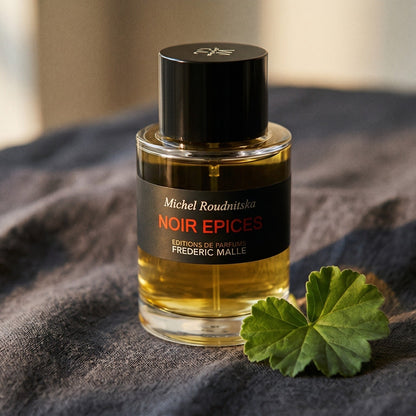 Frederic Malle Noir Epices EDP on charcoal linen with a geranium leaf