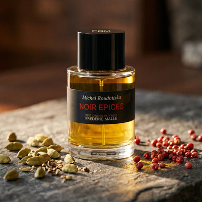 Frederic Malle Noir Epices EDP on charcoal slate with a wooden mortar of crushed juniper berries