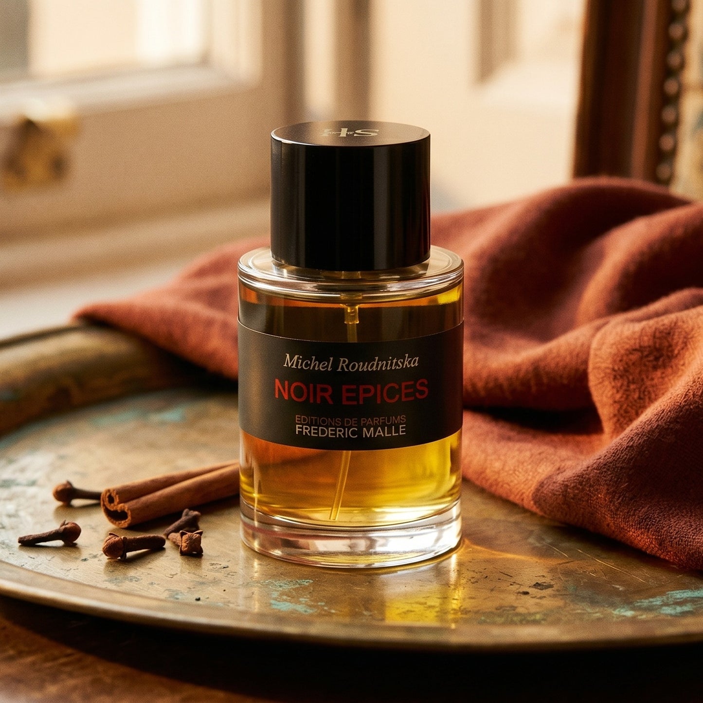 Frederic Malle Noir Epices EDP on weathered brass plate with a wool scarf dyed in paprika red