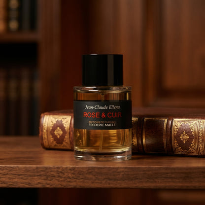 Frederic Malle Rose & Cuir EDP on dark walnut library shelf with a leather-bound book trimmed in gold foil
