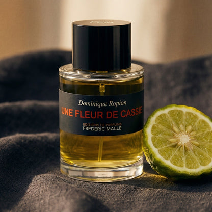 Frederic Malle Une Fleur De Cassie EDP on charcoal linen with a halved bergamot