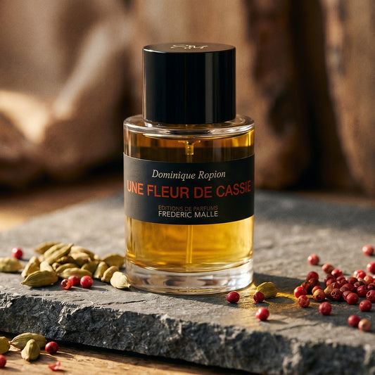Frederic Malle Une Fleur De Cassie EDP on deep grey travertine with a scatter of nutmeg and allspice