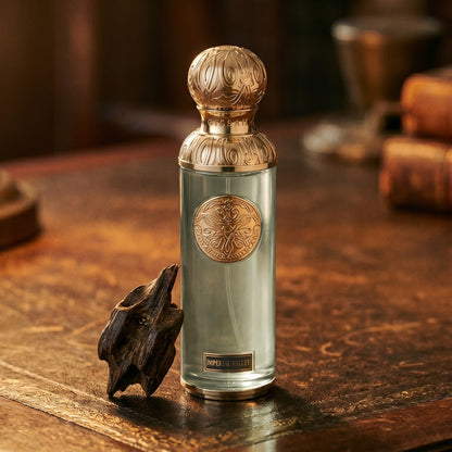 Gissah Imperial Valley on worn saddle-leather surface with oud resin chunks in a small dish