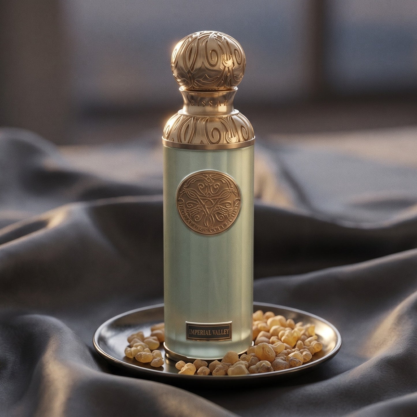 Gissah Imperial Valley on charcoal raw silk with amber resin pieces near the bottle base