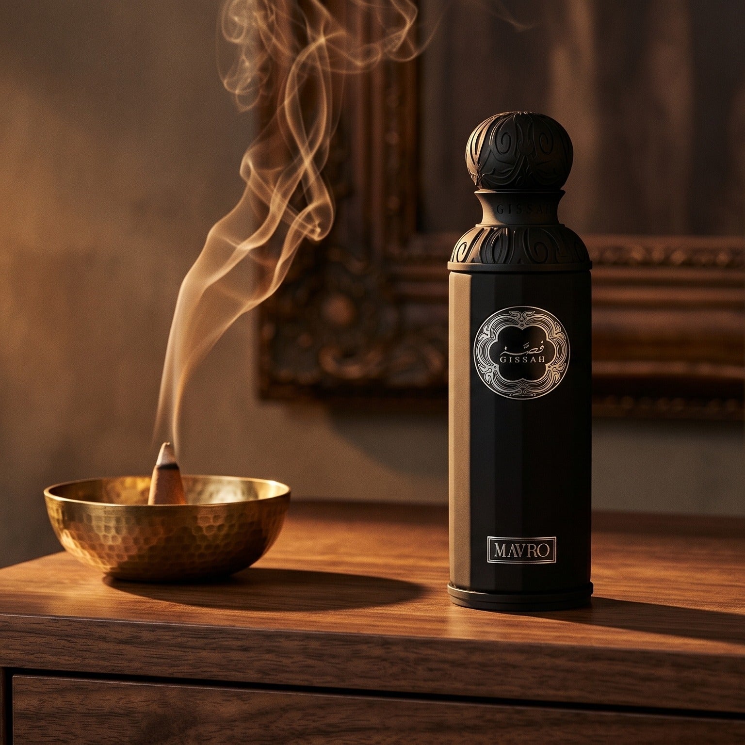Gissah Mavro EDP on dark walnut console with a small brass incense bowl, smoke curling upward