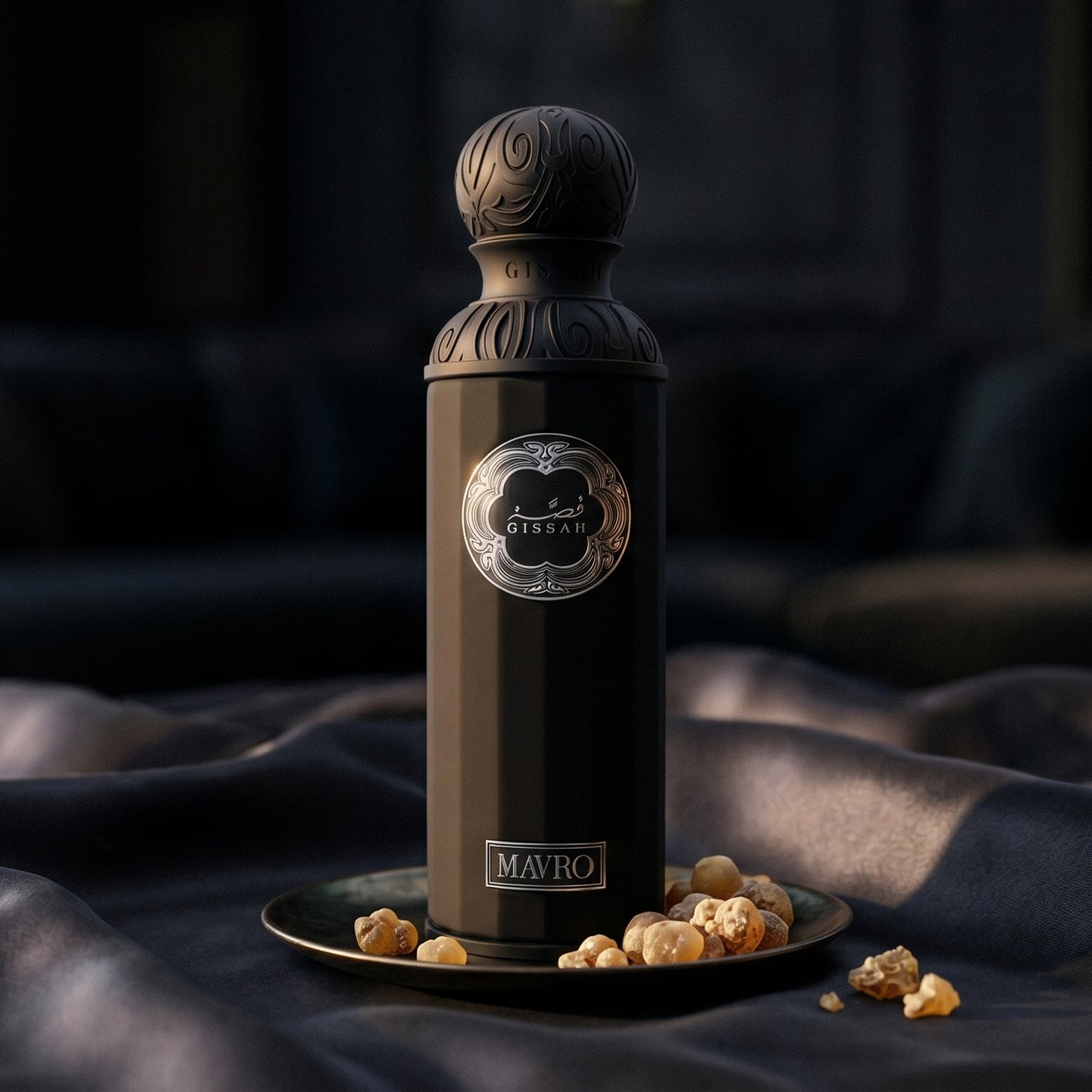 Gissah Mavro EDP on black velvet with a thread of smoking oud between folds