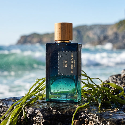 Goldfield & Banks Pacific Rock Swell Extrait de Parfum on wet dark coastal rock with fresh seaweed and sea spray