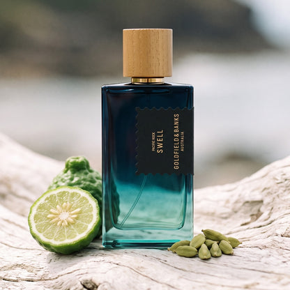 Goldfield & Banks Pacific Rock Swell Extrait de Parfum on pale weathered driftwood with bergamot and cardamom