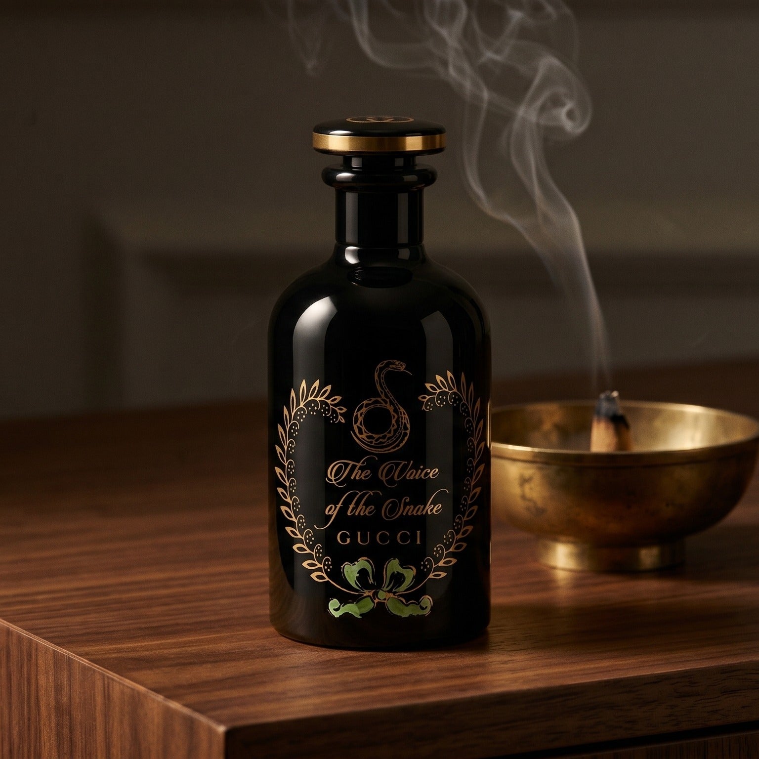 Gucci The Voice of the Snake EDP on charcoal slate with a slender oud chip and drifting incense smoke