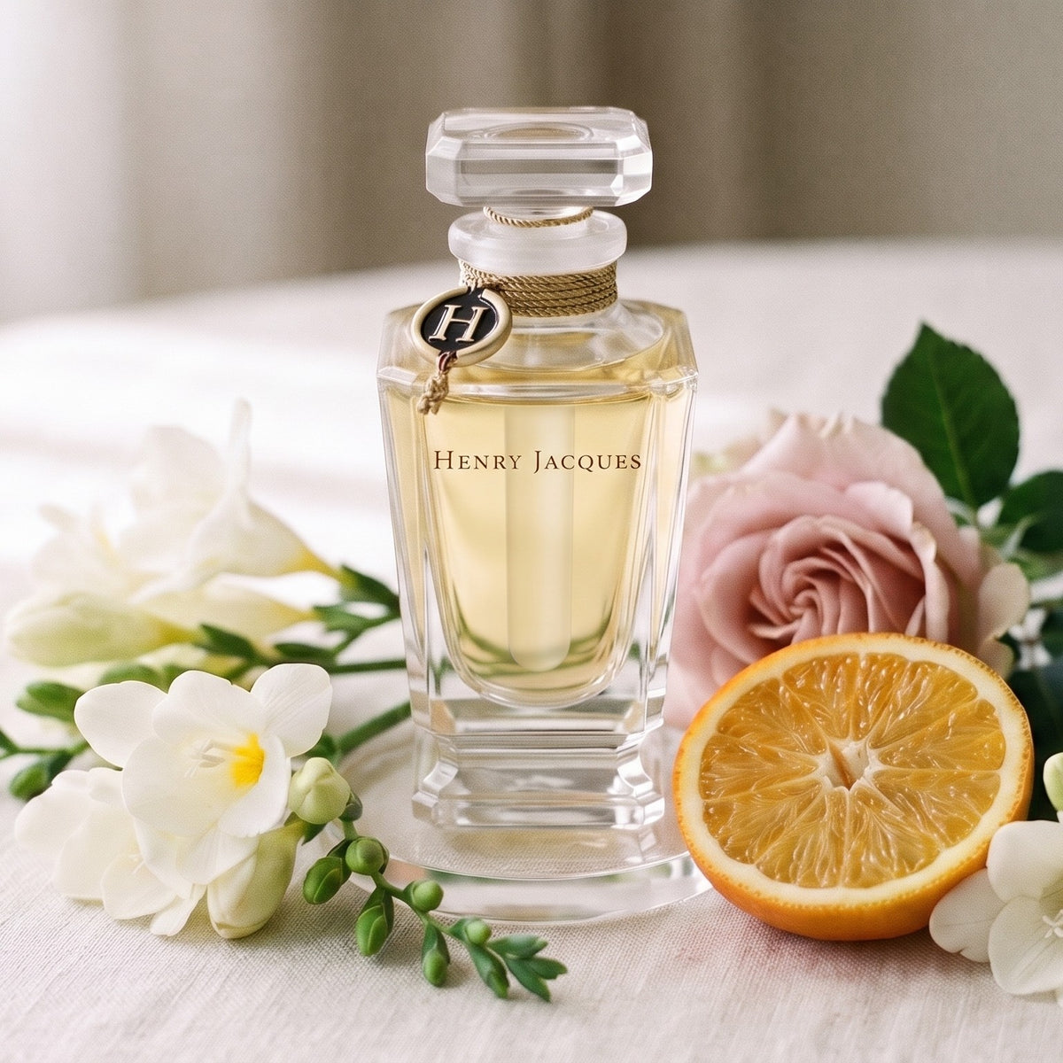 Henry Jacques Still Extrait - Abu Dhabi Exclusive on pale cream linen with freesia, a rose and a bitter orange