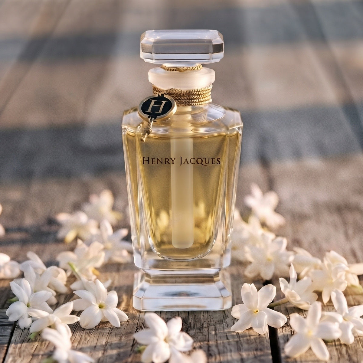 Henry Jacques Still Extrait - Abu Dhabi Exclusive on a weathered teak wood board with scattered jasmine flowers