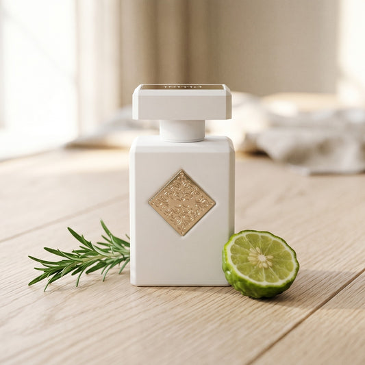 Initio Musk Therapy EDP on weathered pine with a halved blood orange and a rosemary stem